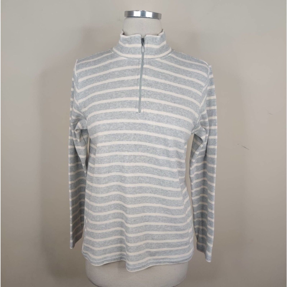 L.L. Bean Sweater 1/4 Zip Gray Striped Long Sleeve Cotton Pullover